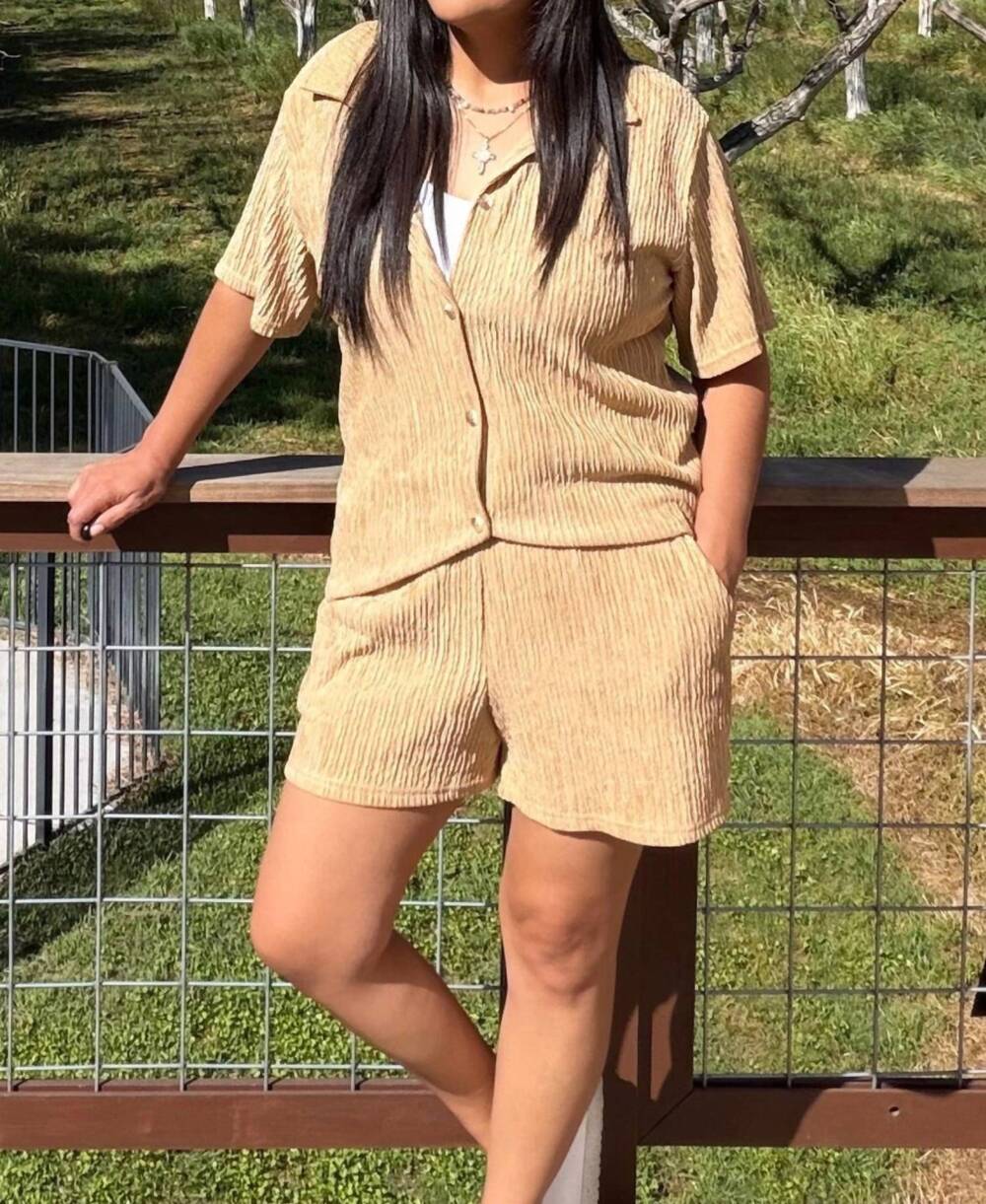 NEW JUDY BLUE two piece button down and short set in tan